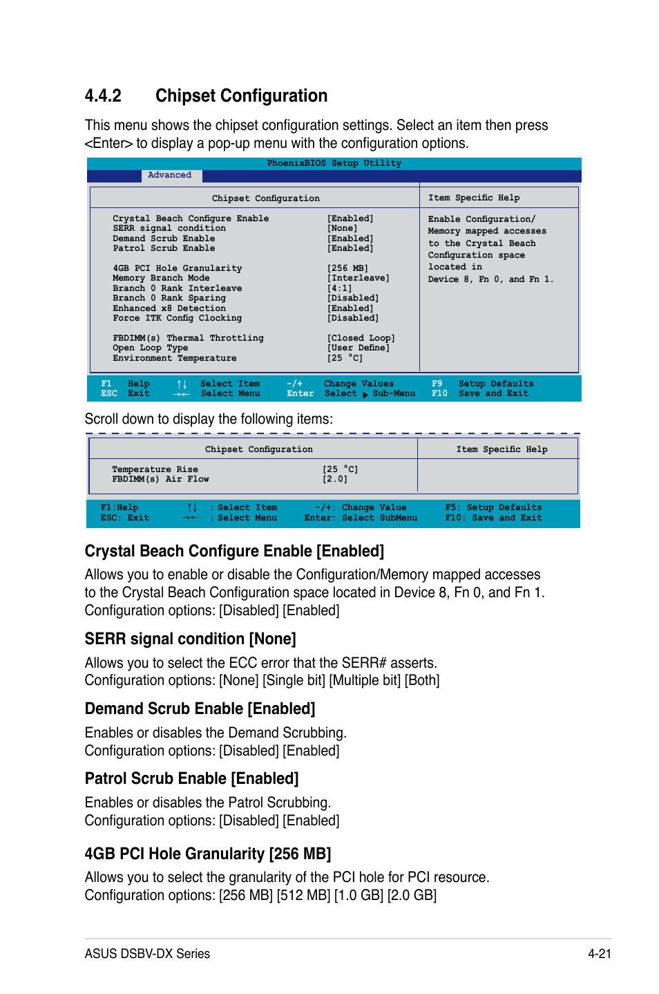 2 chipset configuration, Crystal beach configure enable [enabled, Serr signal condition [none | Demand scrub enable [enabled, Patrol scrub enable [enabled, 4gb pci hole granularity [256 mb | Asus DSBV-DX/C User Manual | Page 93 / 206