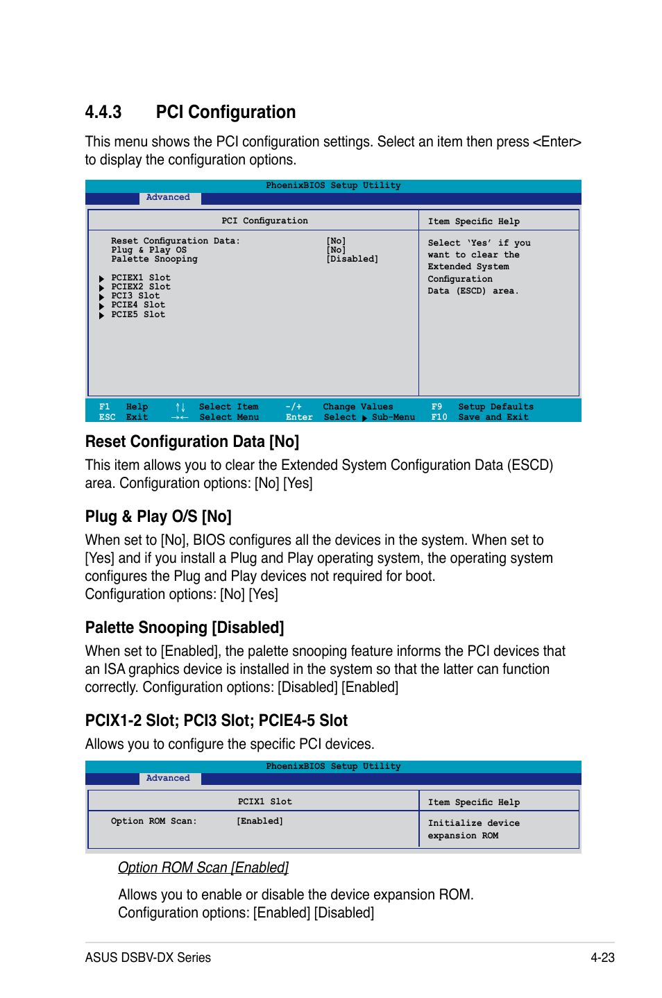 3 pci configuration, Reset configuration data [no, Plug & play o/s [no | Palette snooping [disabled, Allows you to configure the specific pci devices | Asus DSBV-DX/C User Manual | Page 95 / 206