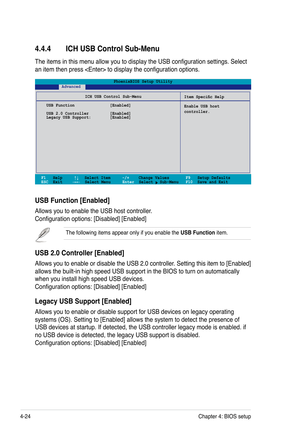 4 ich usb control sub-menu, Usb function [enabled, Usb 2.0 controller [enabled | Legacy usb support [enabled | Asus DSBV-DX/C User Manual | Page 96 / 206