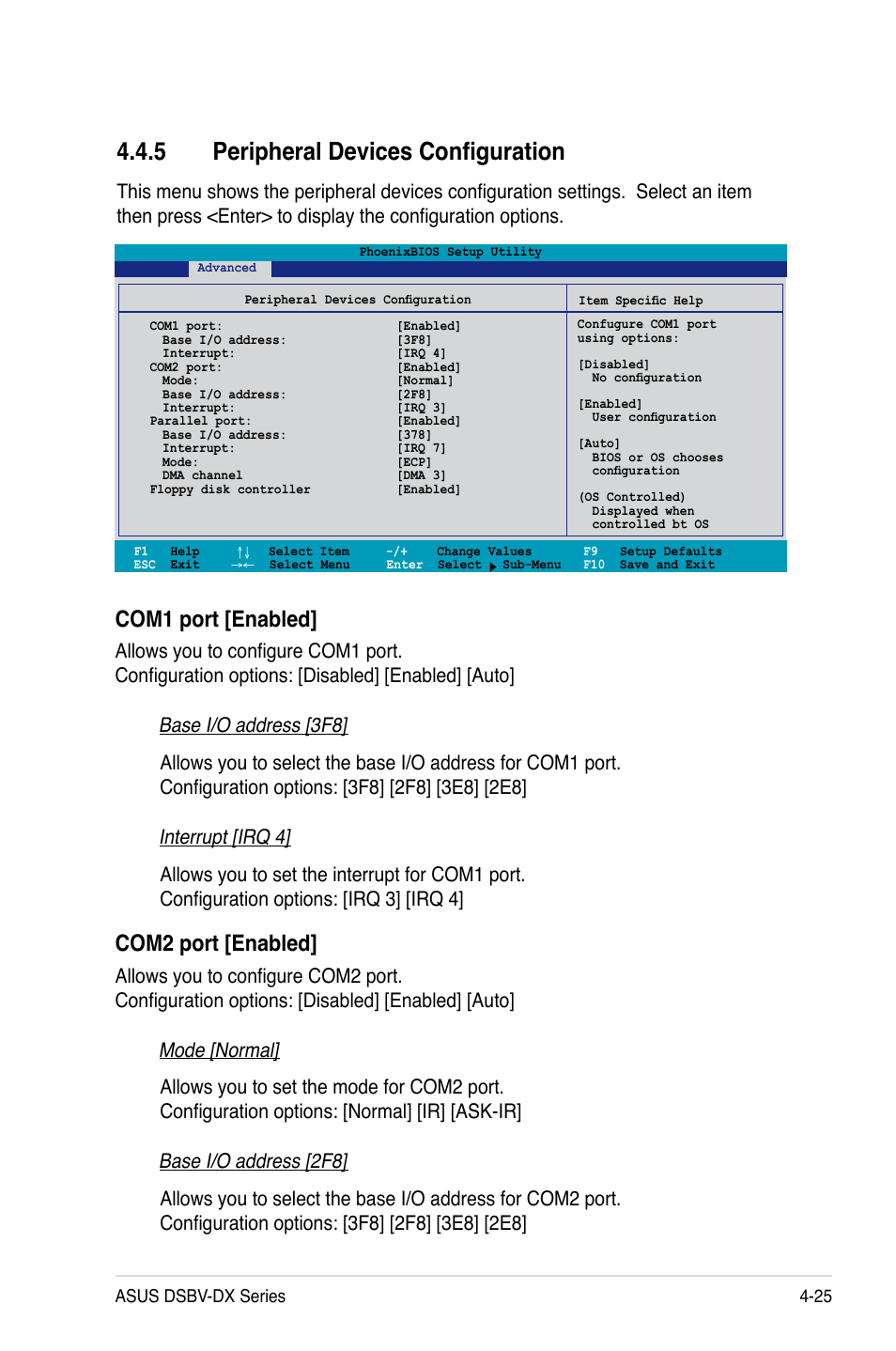 5 peripheral devices configuration, Com1 port [enabled, Com2 port [enabled | Asus DSBV-DX/C User Manual | Page 97 / 206