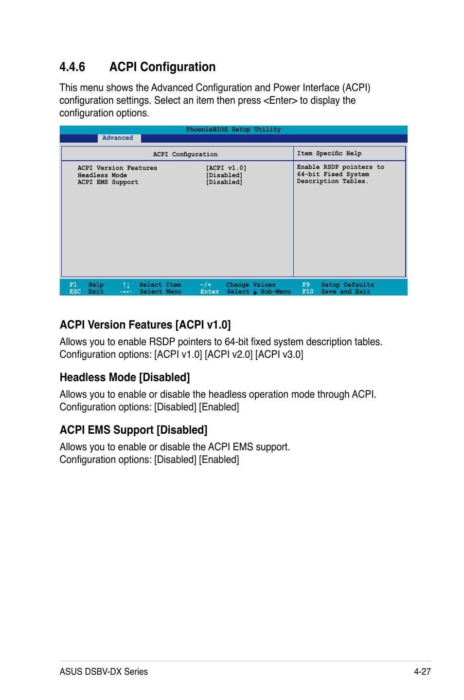 6 acpi configuration, Acpi version features [acpi v1.0, Headless mode [disabled | Acpi ems support [disabled | Asus DSBV-DX/C User Manual | Page 99 / 206