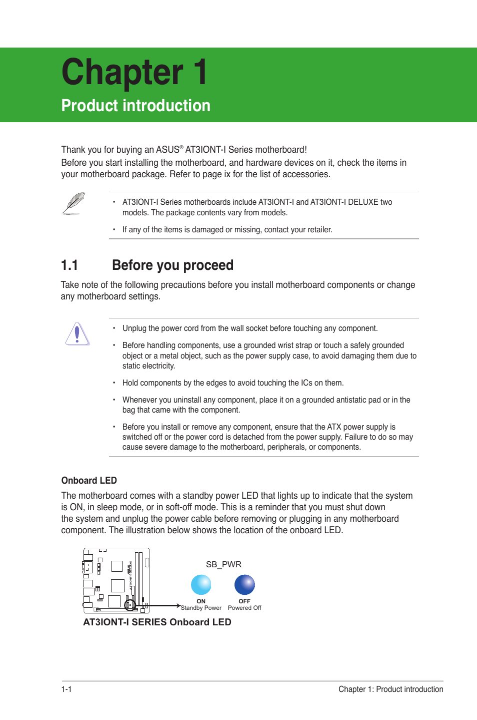 Chapter 1: product introduction, 1 before you proceed, Product introduction | Before you proceed -1, Chapter 1 | Asus AT3IONT-I User Manual | Page 10 / 48
