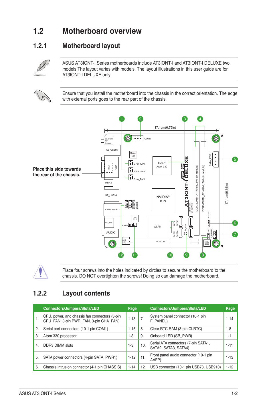 2 motherboard overview, 1 motherboard layout, 2 layout contents | Motherboard overview -2 1.2.1, Motherboard layout -2, Layout contents -2, Asus at3iont-i series 1-2 | Asus AT3IONT-I User Manual | Page 11 / 48