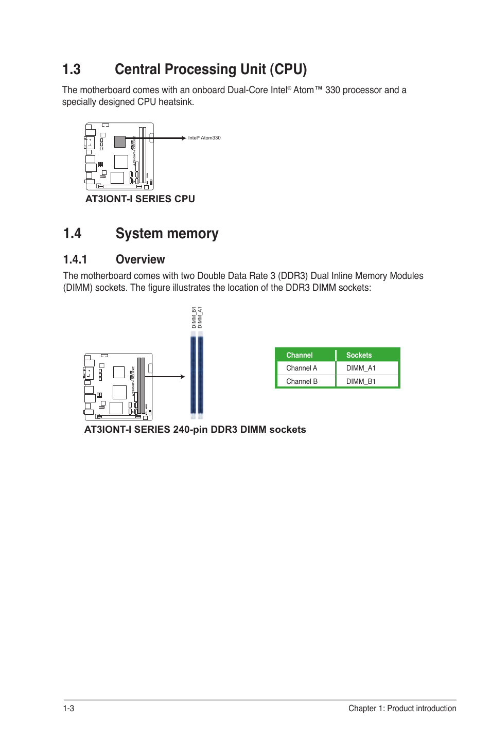 3 central processing unit (cpu), 4 system memory, 1 overview | Central processing unit (cpu) -3, System memory -3 1.4.1, Overview -3, At3iont-i series cpu | Asus AT3IONT-I User Manual | Page 12 / 48