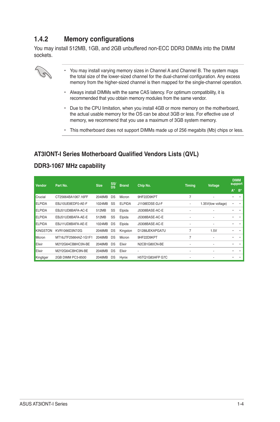2 memory configurations, Memory configurations -4 | Asus AT3IONT-I User Manual | Page 13 / 48