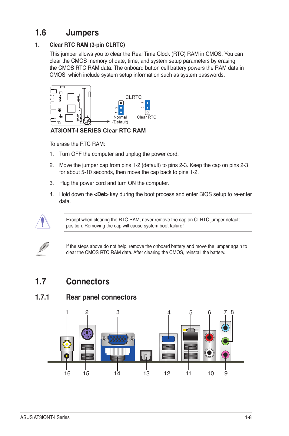 6 jumpers, 7 connectors, 1 rear panel connectors | Jumpers -8, Connectors -8 1.7.1, Rear panel connectors -8 | Asus AT3IONT-I User Manual | Page 17 / 48