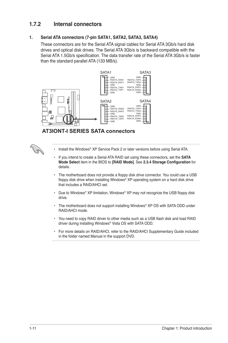 2 internal connectors, Internal connectors -11, At3iont-i series sata connectors | Asus AT3IONT-I User Manual | Page 20 / 48