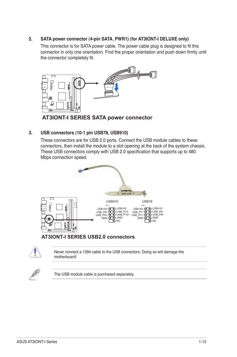 At3iont-i series sata power connector, At3iont-i series usb2.0 connectors | Asus AT3IONT-I User Manual | Page 21 / 48