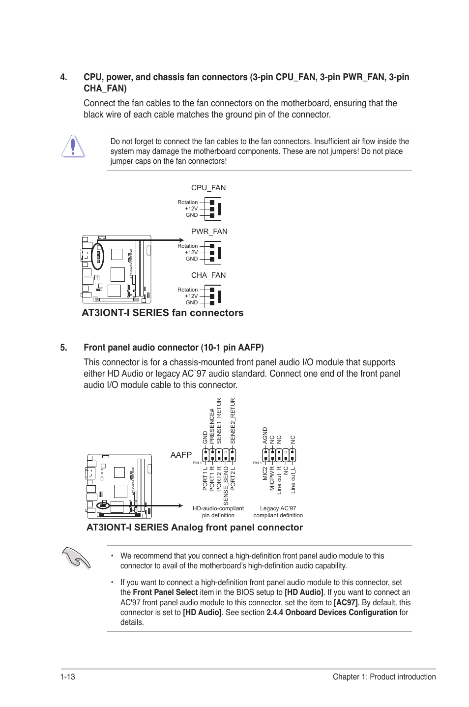 At3iont-i series fan connectors, At3iont-i series analog front panel connector | Asus AT3IONT-I User Manual | Page 22 / 48