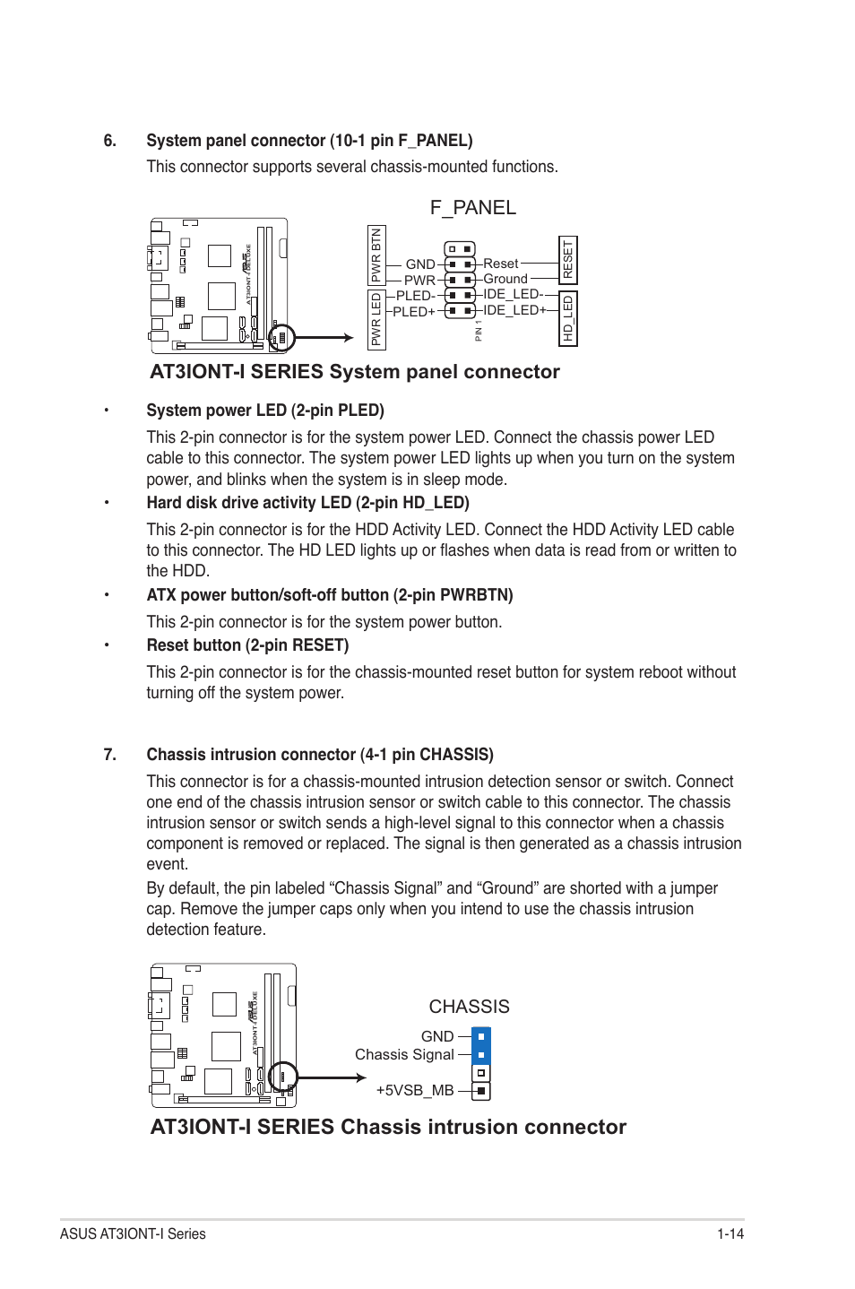 At3iont-i series chassis intrusion connector, At3iont-i series system panel connector, F_panel | Chassis | Asus AT3IONT-I User Manual | Page 23 / 48