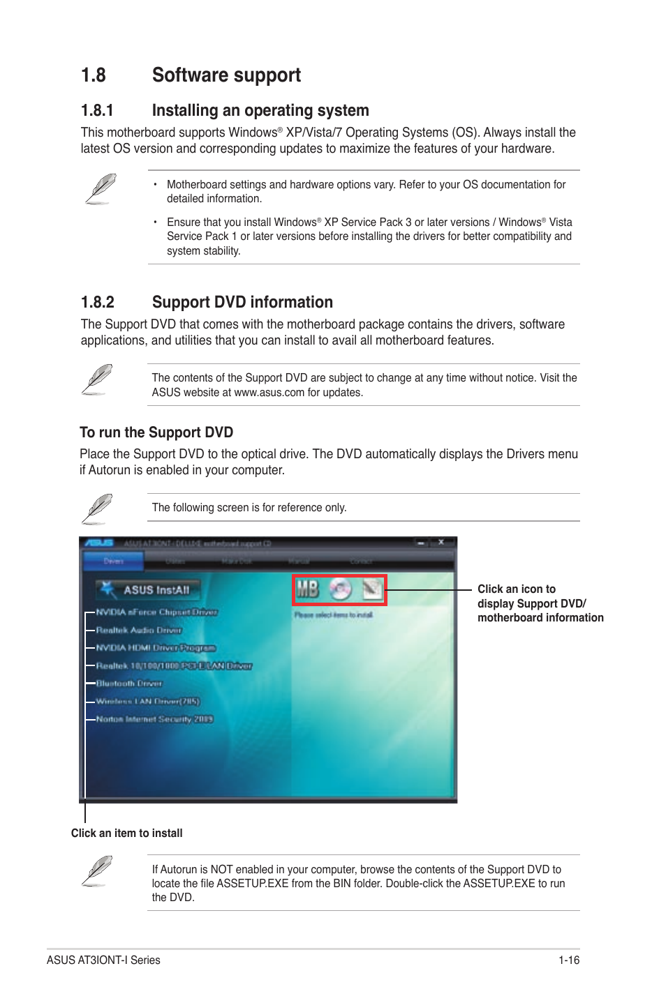 8 software support, 1 installing an operating system, 2 support dvd information | Software support -16 1.8.1, Installing an operating system -16, Support dvd information -16 | Asus AT3IONT-I User Manual | Page 25 / 48