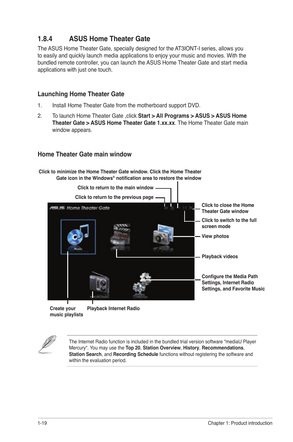 4 asus home theater gate, Asus home theater gate -19, Launching home theater gate | Home theater gate main window | Asus AT3IONT-I User Manual | Page 28 / 48