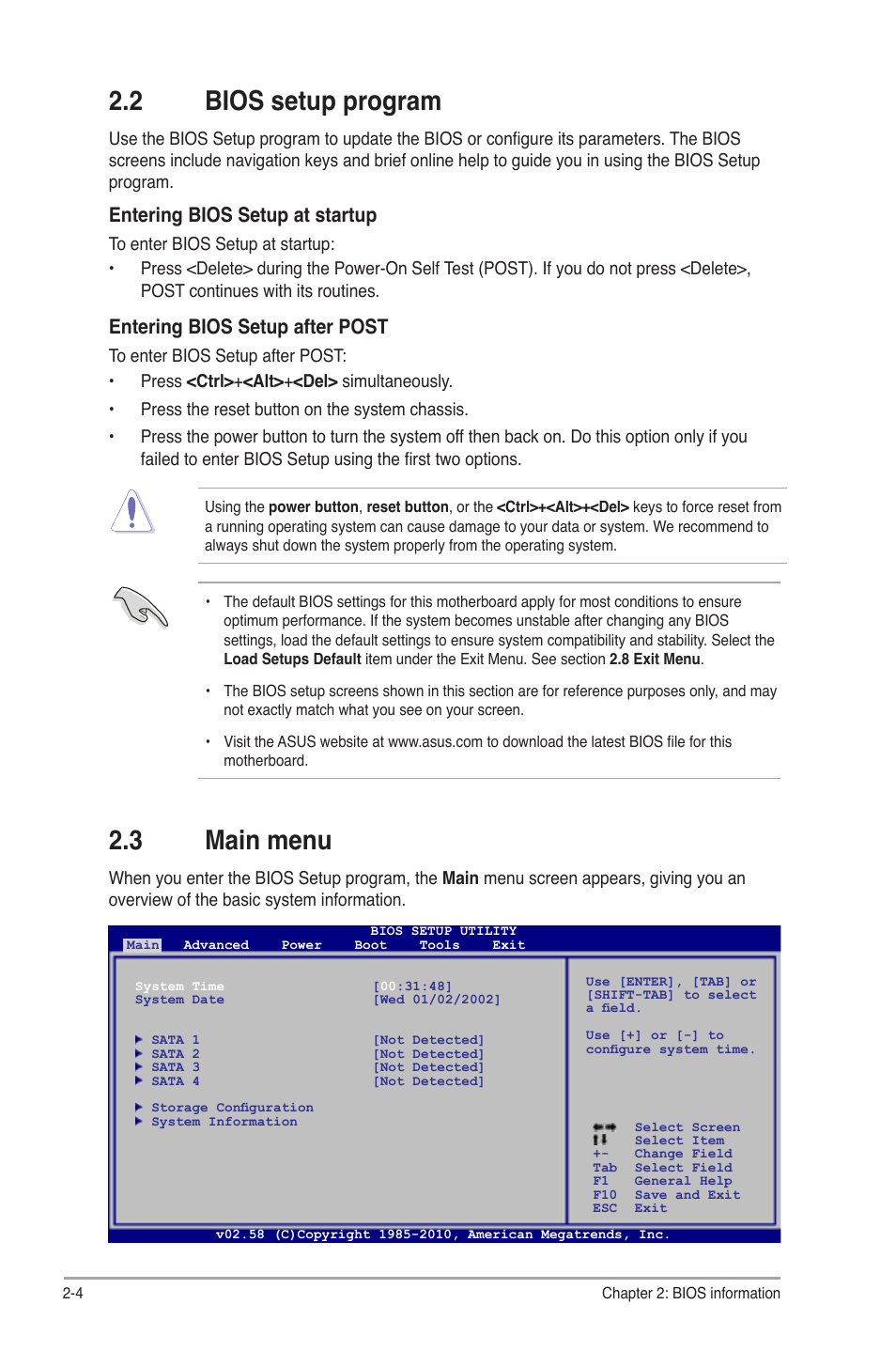 2 bios setup program, 3 main menu, Bios setup program -4 | Main menu -4, Entering bios setup at startup, Entering bios setup after post | Asus AT3IONT-I User Manual | Page 34 / 48