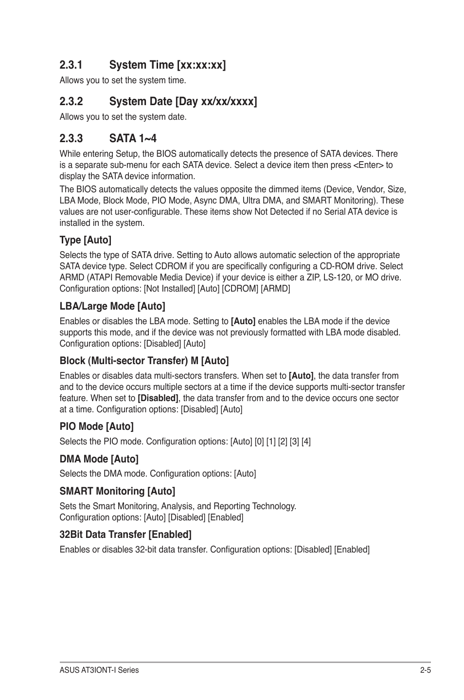 1 system time [xx:xx:xx, 2 system date [day xx/xx/xxxx, 3 sata 1~4 | System time [xx:xx:xx] -5, System date [day xx/xx/xxxx] -5, Sata 1~4 -5 | Asus AT3IONT-I User Manual | Page 35 / 48