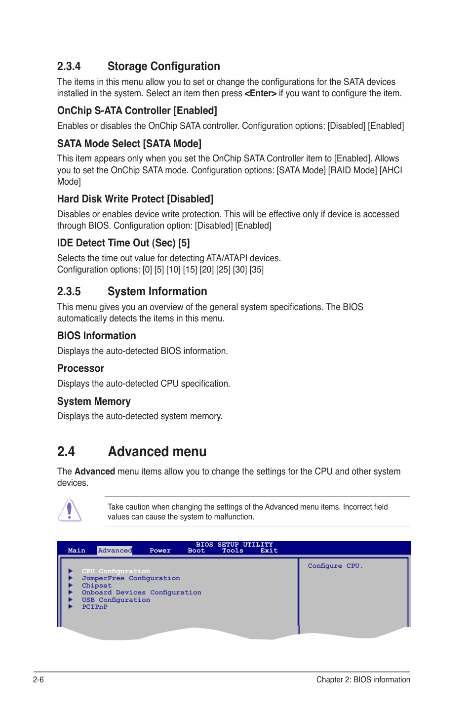 4 storage configuration, 5 system information, 4 advanced menu | Storage configuration -6, System information -6, Advanced menu -6 | Asus AT3IONT-I User Manual | Page 36 / 48