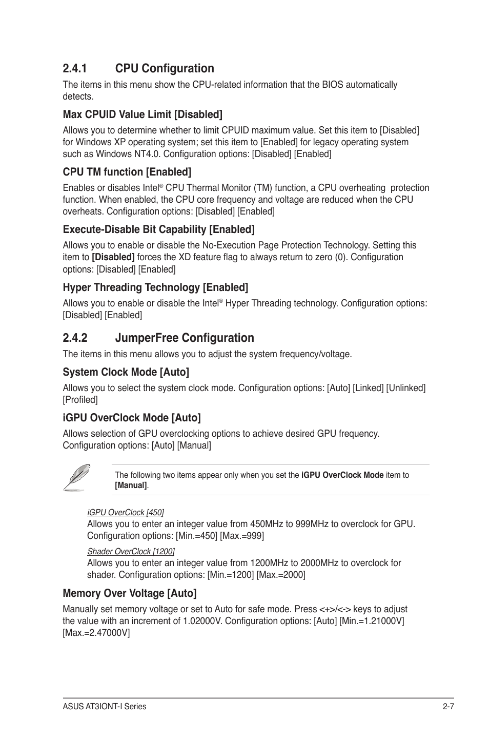 1 cpu configuration, 2 jumperfree configuration, Cpu configuration -7 | Jumperfree configuration -7 | Asus AT3IONT-I User Manual | Page 37 / 48