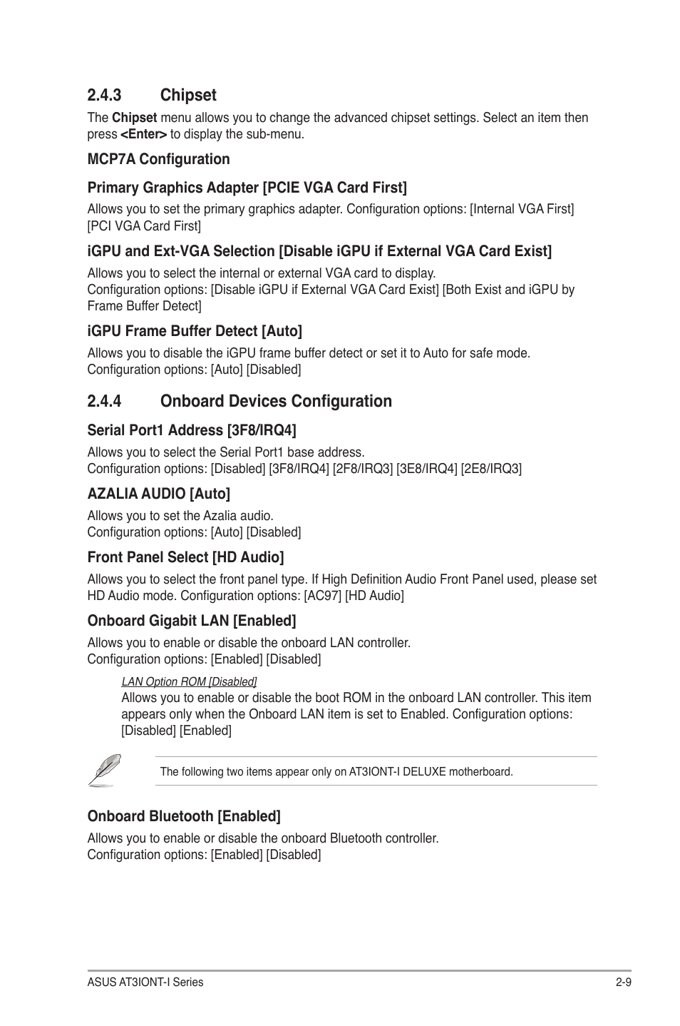 3 chipset, 4 onboard devices configuration, Chipset -9 | Onboard devices configuration -9 | Asus AT3IONT-I User Manual | Page 39 / 48