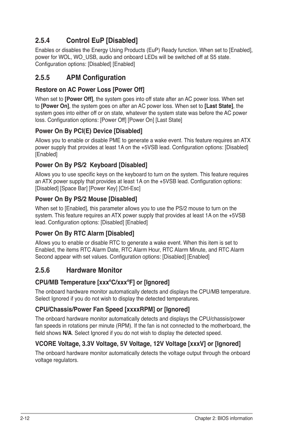 4 control eup [disabled, 5 apm configuration, 6 hardware monitor | Control eup [disabled] -12, Apm configuration -12, Hardware monitor -12 | Asus AT3IONT-I User Manual | Page 42 / 48