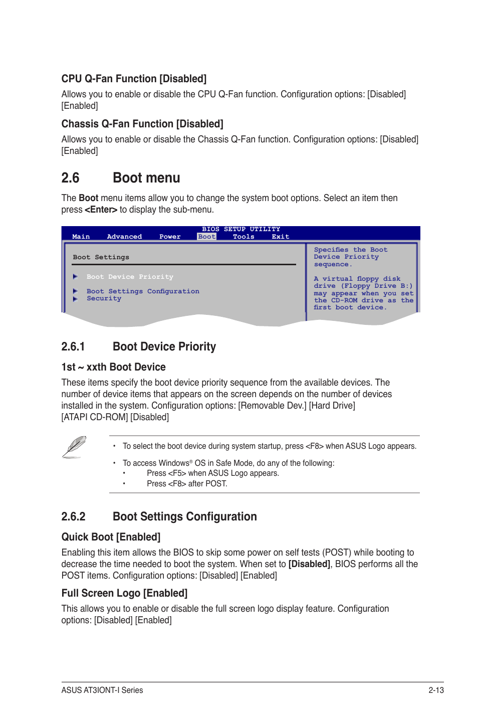 6 boot menu, 1 boot device priority, 2 boot settings configuration | Boot menu -13 2.6.1, Boot device priority -13, Boot settings configuration -13 | Asus AT3IONT-I User Manual | Page 43 / 48