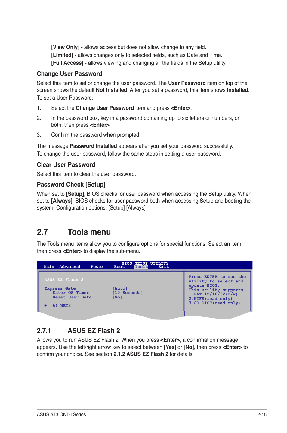 7 tools menu, 1 asus ez flash 2, Tools menu -15 2.7.1 | Asus ez flash 2 -15, Change user password, Clear user password, Password check [setup | Asus AT3IONT-I User Manual | Page 45 / 48