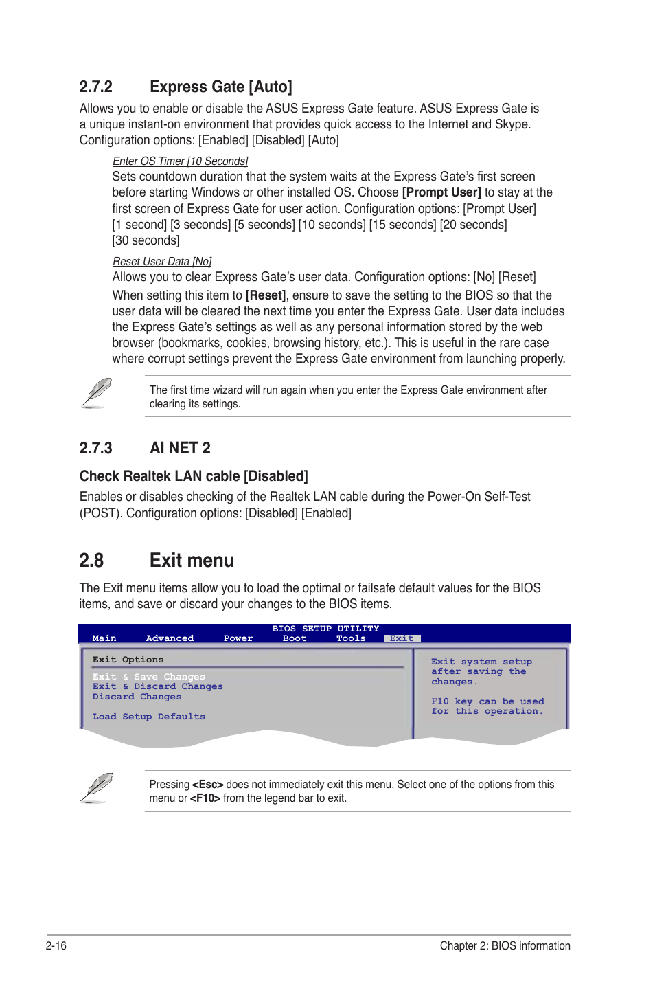 2 express gate [auto, 3 ai net 2, 8 exit menu | Express gate [auto] -16, Ai net 2 -16, Exit menu -16, Check realtek lan cable [disabled | Asus AT3IONT-I User Manual | Page 46 / 48