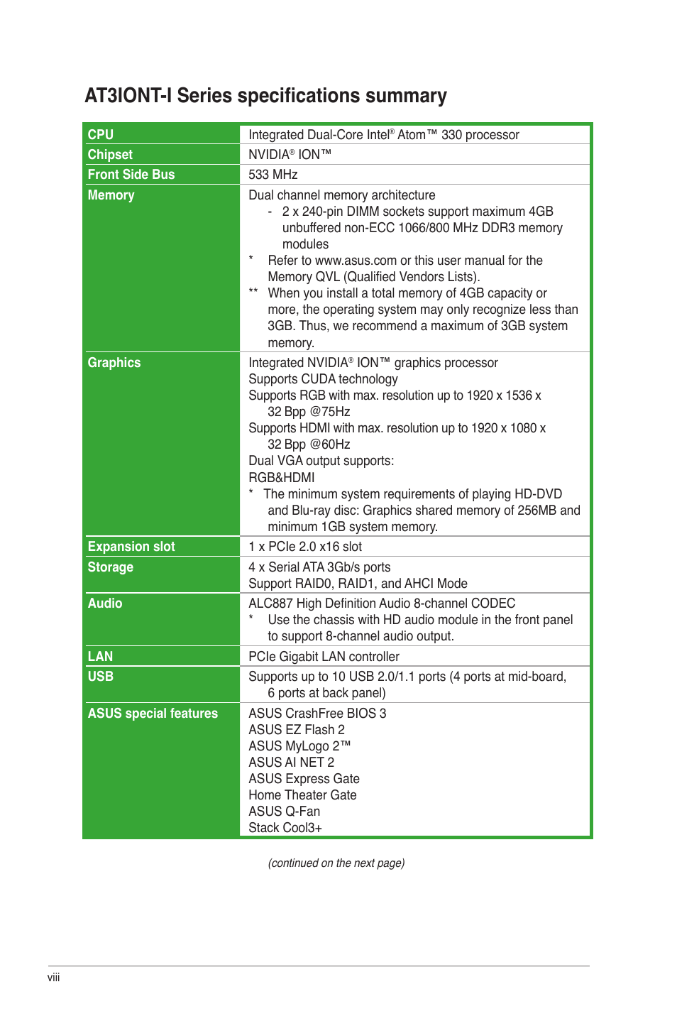 At3iont-i series specifications summary | Asus AT3IONT-I User Manual | Page 8 / 48