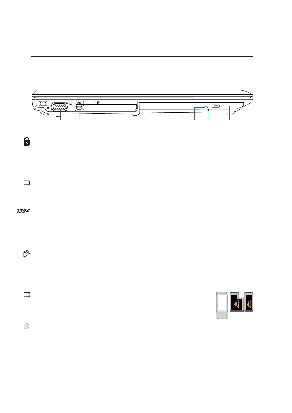 Left side, Knowing the parts, Kensington | Lock port, Optical drive, Infrared port (standard infrared), 1394 port, Display (monitor) output, Pc card or expresscard slot (depending on model) | Asus E2334 User Manual | Page 20 / 74