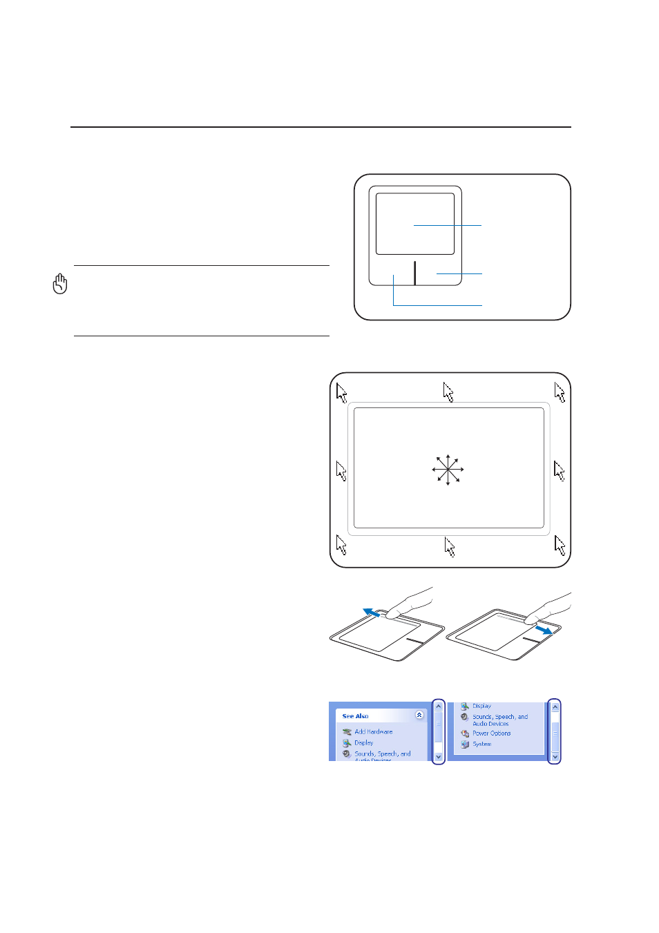 Pointing device, Using the touchpad, Scroll down scroll up | Asus E2334 User Manual | Page 40 / 74