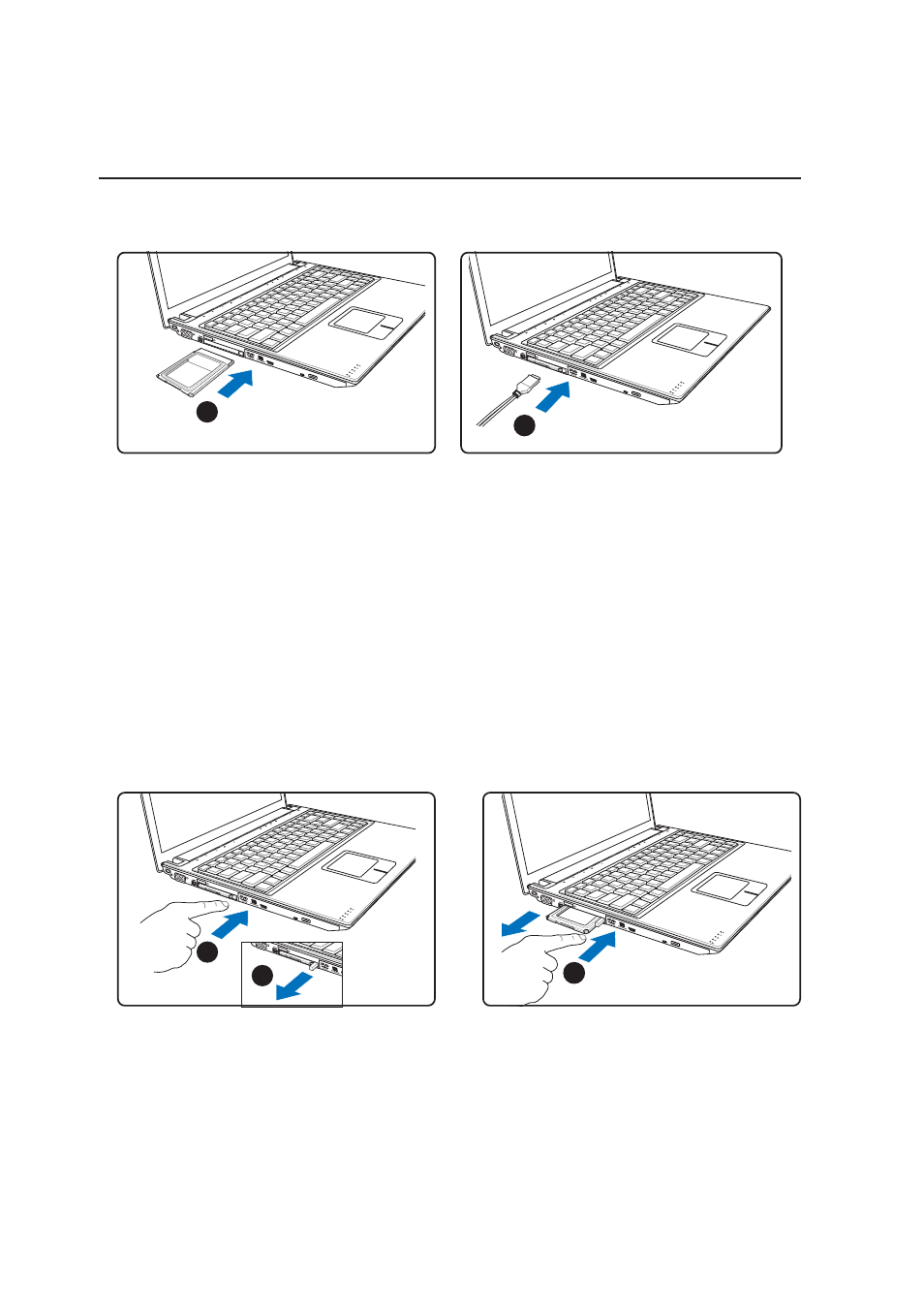 Inserting a pc card or expresscard, Removing a pc card, Removing an expresscard | Asus E2334 User Manual | Page 44 / 74