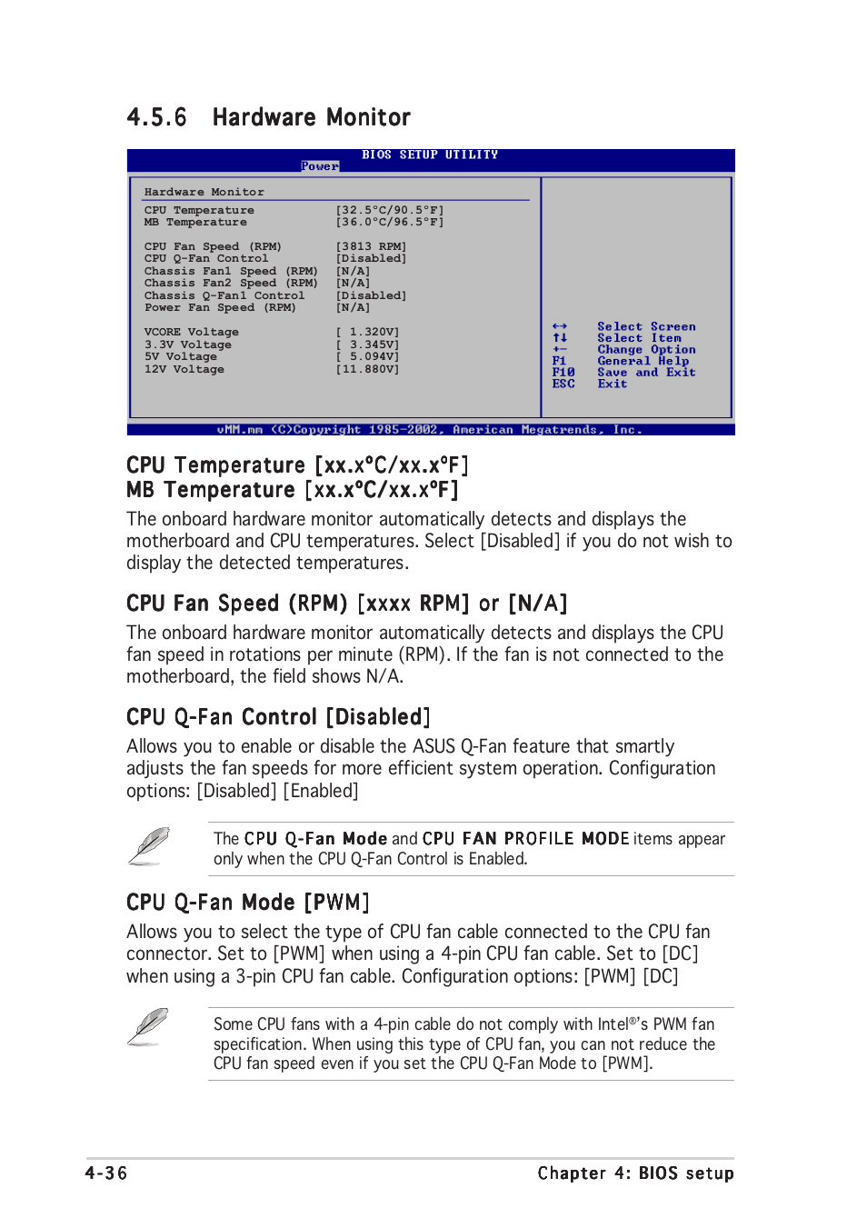 Cpu temperature [xx.xºc/xx.xºf, Cpu q-fan control [disabled, Cpu q-fan mode [pwm | Asus DELUXE P5LD2 User Manual | Page 100 / 156