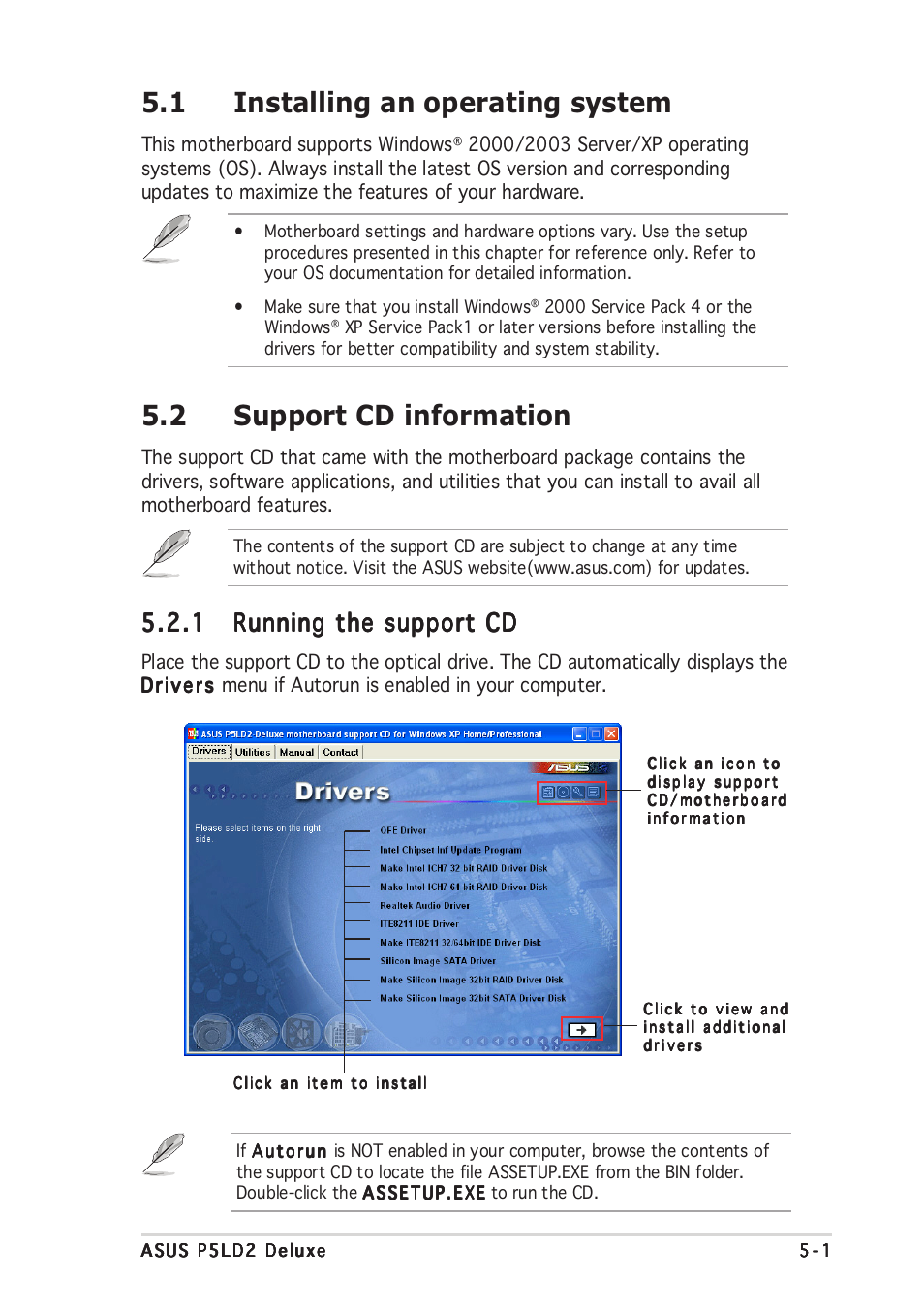 1 installing an operating system, 2 support cd information | Asus DELUXE P5LD2 User Manual | Page 111 / 156