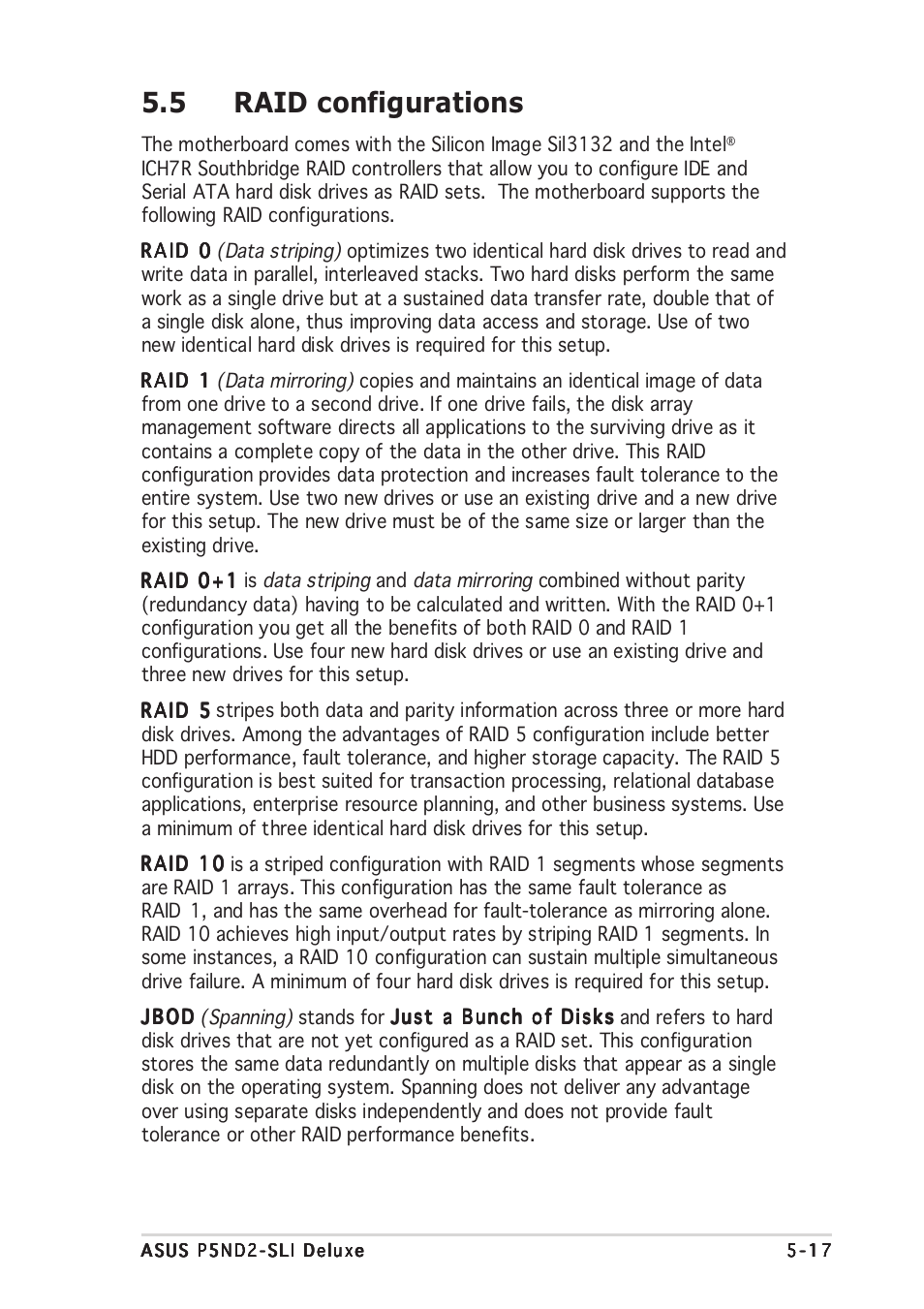 5 raid configurations | Asus DELUXE P5LD2 User Manual | Page 127 / 156