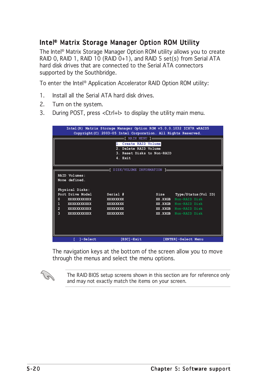 Intel, Matrix storage manager option rom utility, The intel | Asus DELUXE P5LD2 User Manual | Page 130 / 156