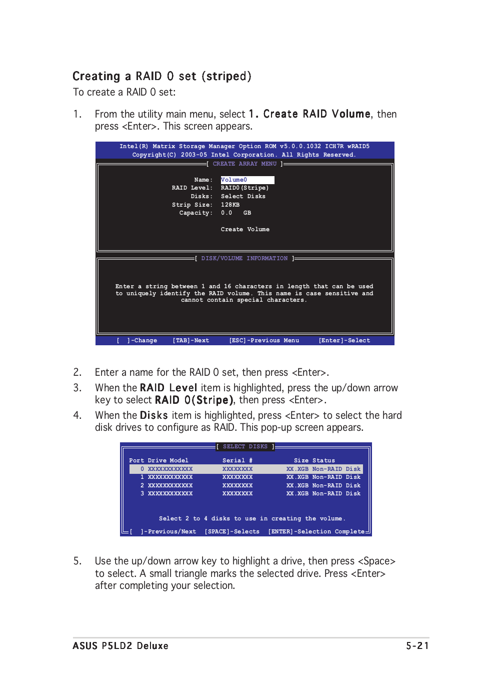 Creating a raid 0 set (striped) | Asus DELUXE P5LD2 User Manual | Page 131 / 156