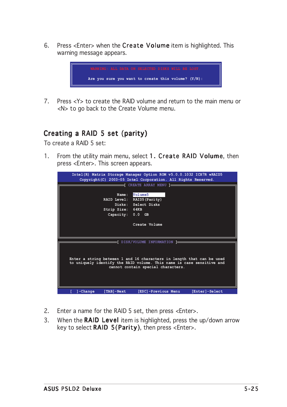 Creating a raid 5 set (parity) | Asus DELUXE P5LD2 User Manual | Page 135 / 156