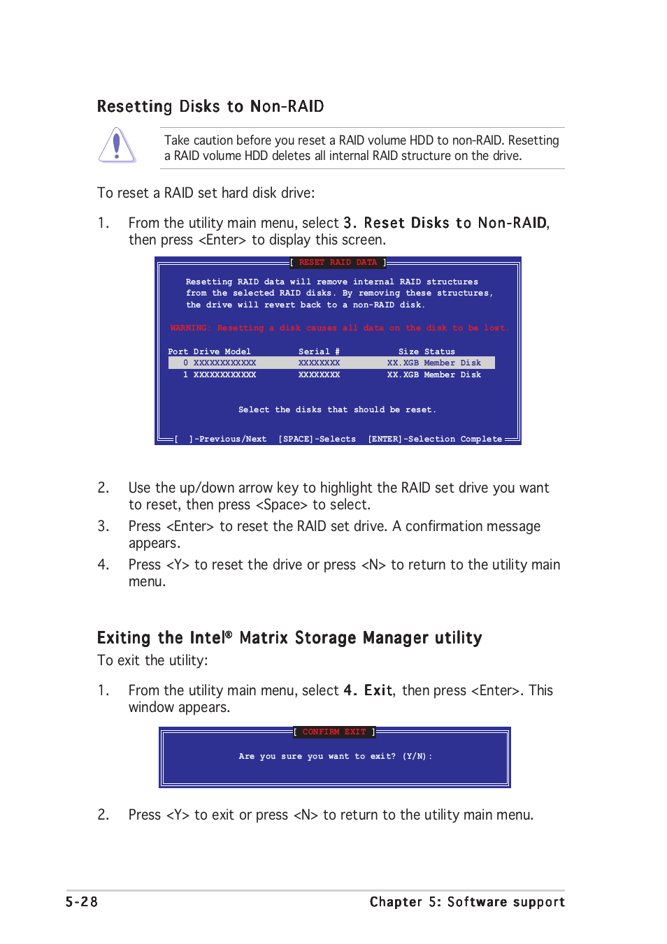 Exiting the intel, Matrix storage manager utility, Resetting disks to non-raid | Asus DELUXE P5LD2 User Manual | Page 138 / 156