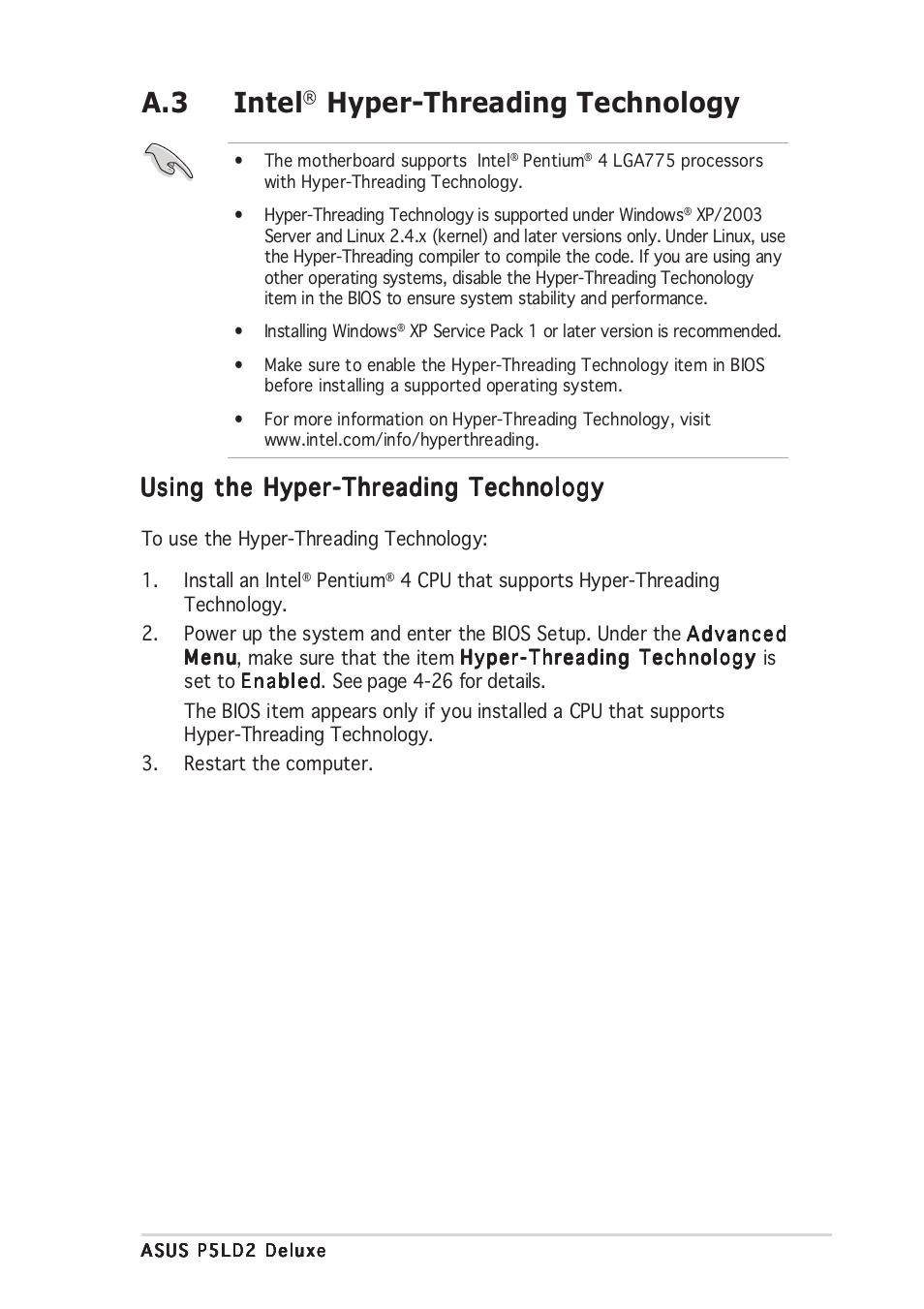 A.3 intel, Hyper-threading technology, Using the hyper-threading technology | Asus DELUXE P5LD2 User Manual | Page 155 / 156