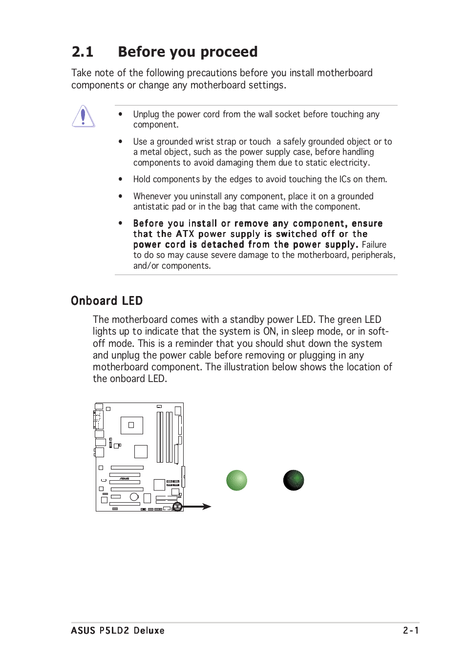 1 before you proceed, Onboard led | Asus DELUXE P5LD2 User Manual | Page 25 / 156