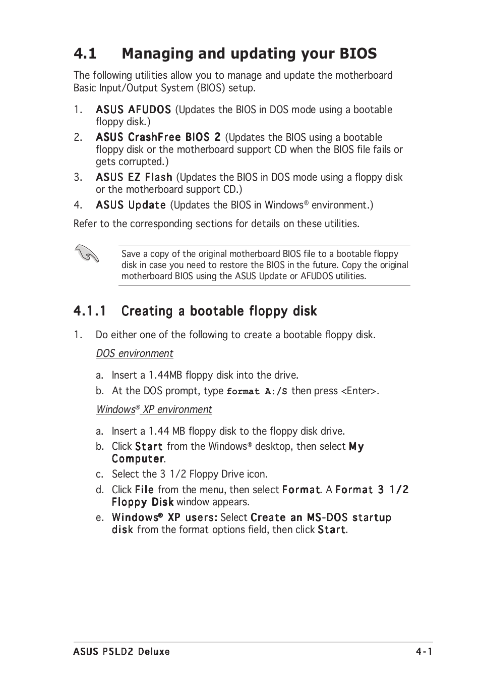 1 managing and updating your bios | Asus DELUXE P5LD2 User Manual | Page 65 / 156