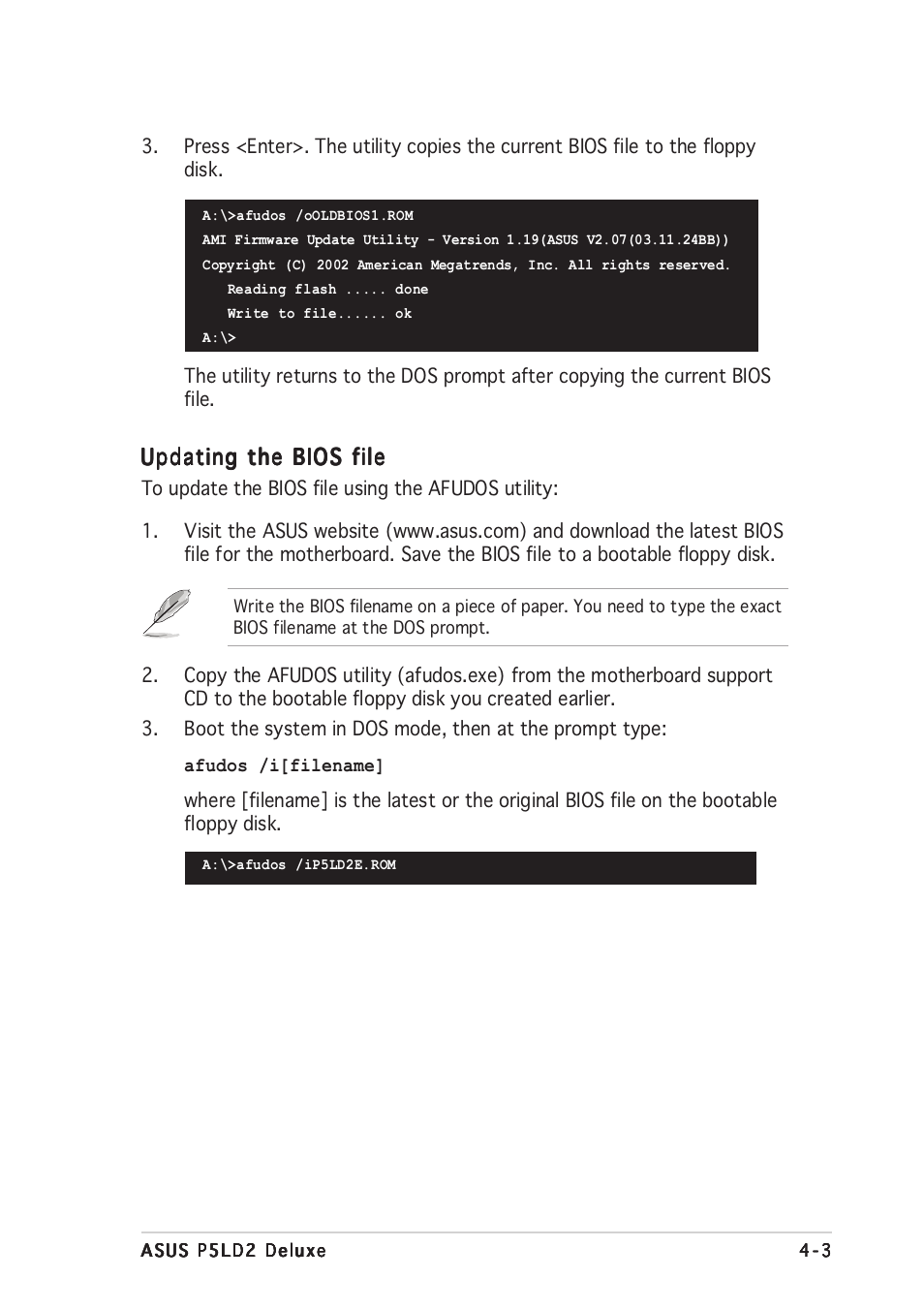 Updating the bios file | Asus DELUXE P5LD2 User Manual | Page 67 / 156