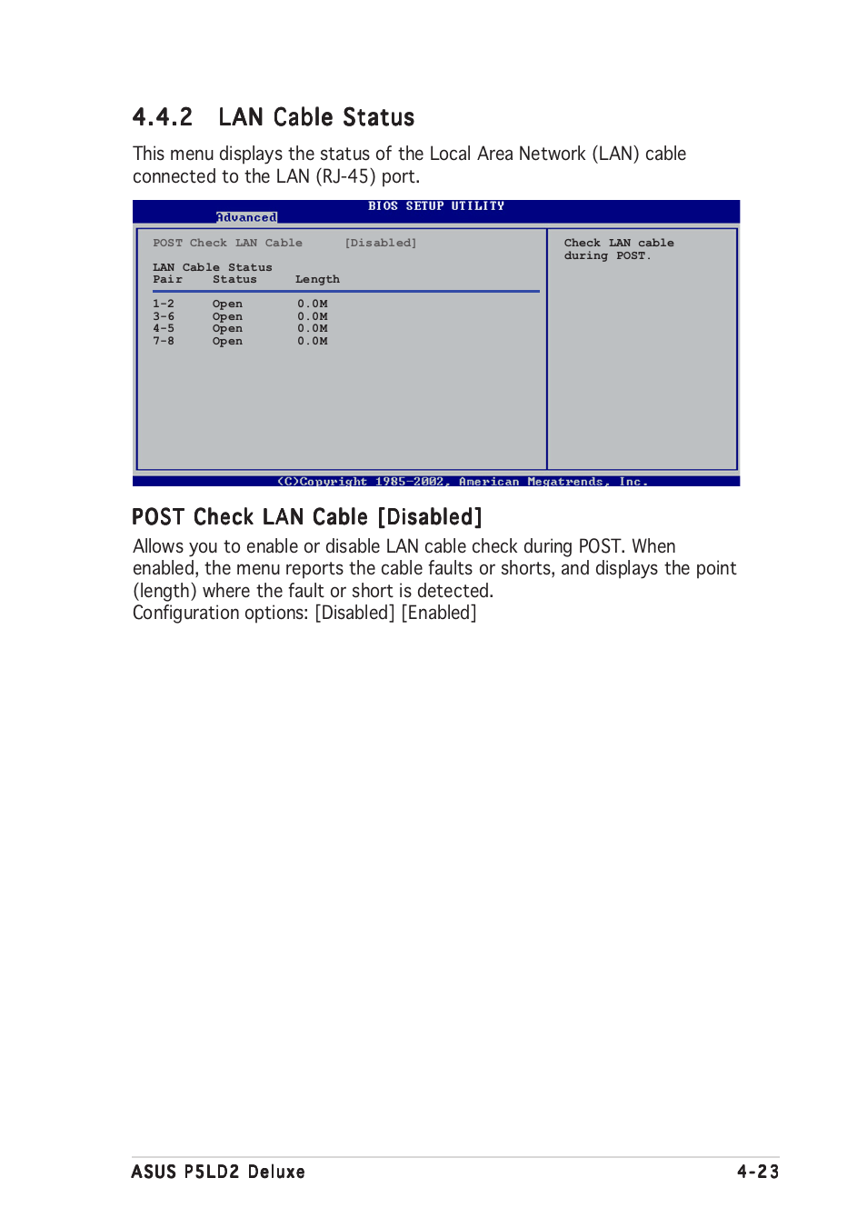 Post check lan cable [disabled | Asus DELUXE P5LD2 User Manual | Page 87 / 156