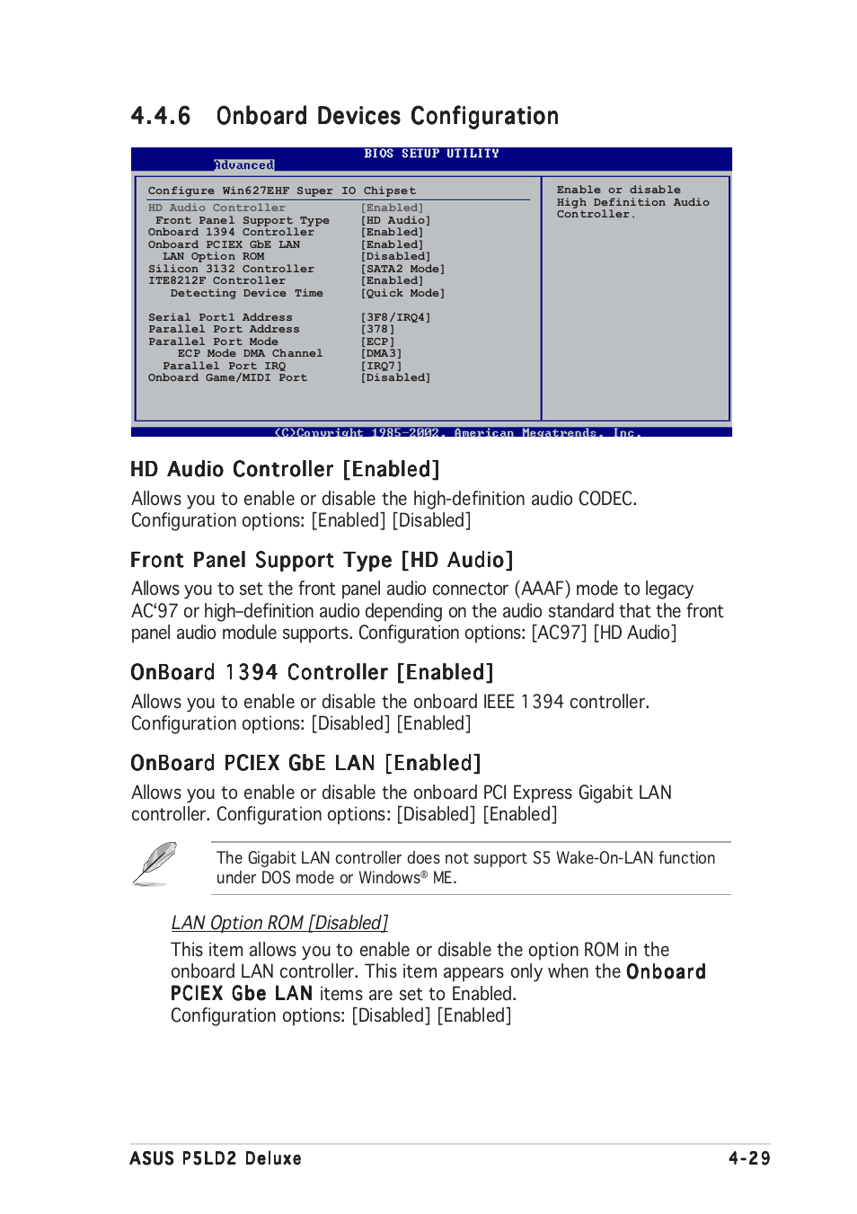 Hd audio controller [enabled, Front panel support type [hd audio, Onboard 1394 controller [enabled | Onboard pciex gbe lan [enabled | Asus DELUXE P5LD2 User Manual | Page 93 / 156