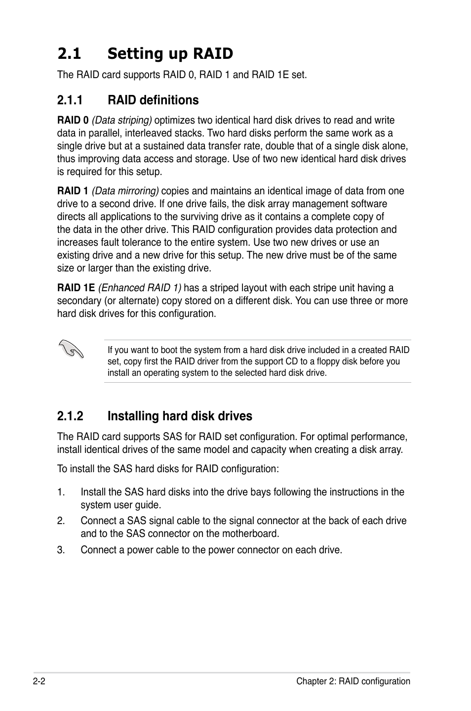 1 setting up raid, 1 raid definitions, 2 installing hard disk drives | Setting up raid -2 2.1.1, Raid definitions -2, Installing hard disk drives -2 | Asus LSISAS1064E User Manual | Page 12 / 42