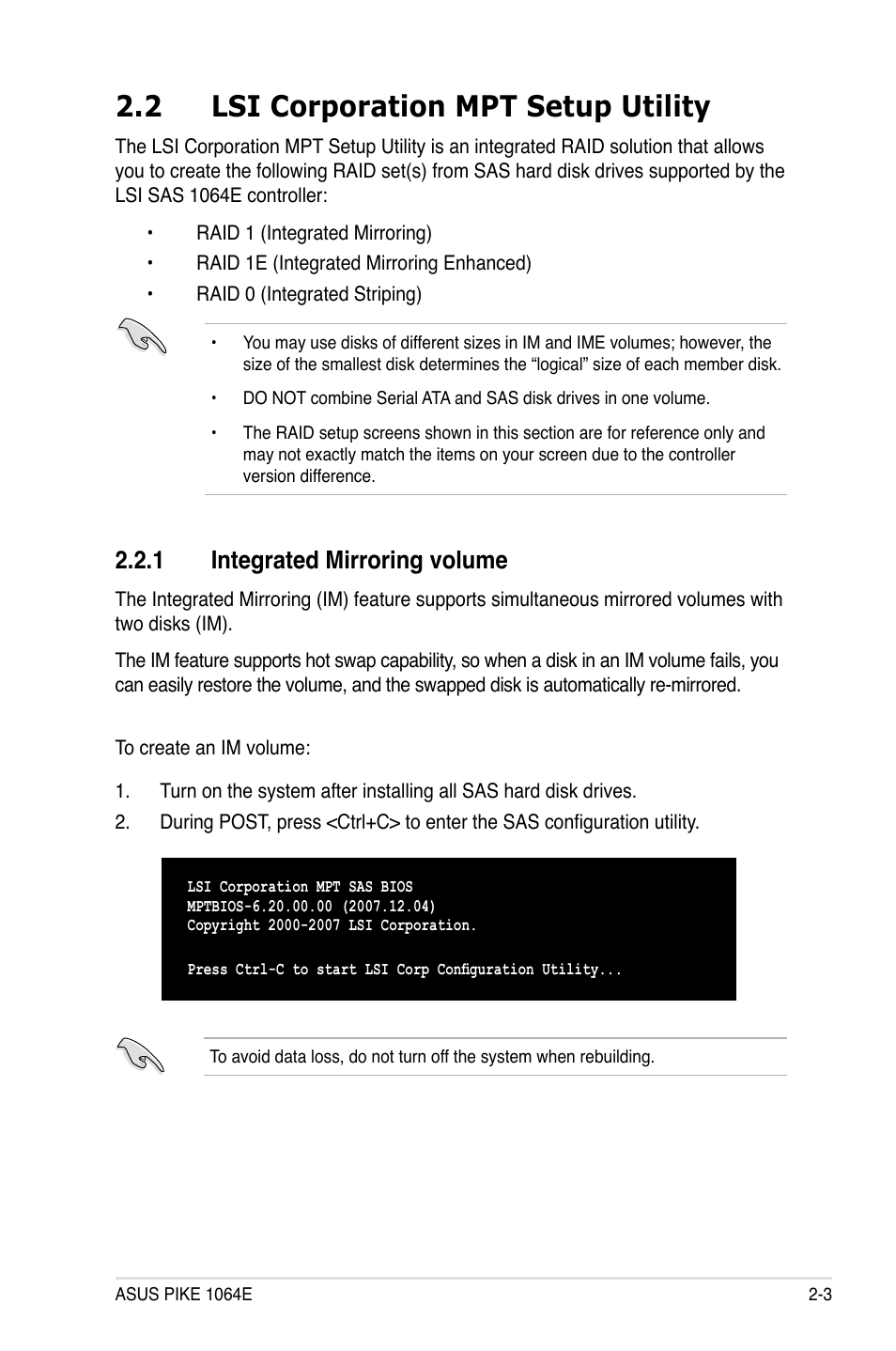 2 lsi corporation mpt setup utility, 1 integrated mirroring volume, Lsi corporation mpt setup utility -3 2.2.1 | Integrated mirroring volume -3 | Asus LSISAS1064E User Manual | Page 13 / 42