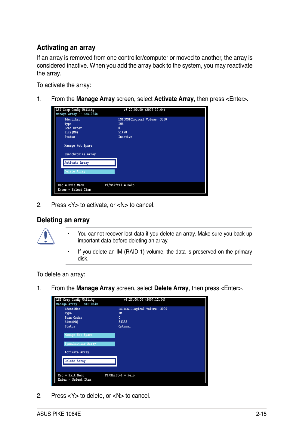 Activating an array, Deleting an array | Asus LSISAS1064E User Manual | Page 25 / 42
