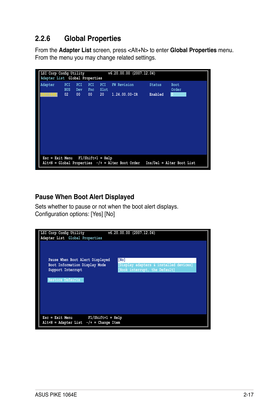 6 global properties, Global properties -17, Pause when boot alert displayed | Asus LSISAS1064E User Manual | Page 27 / 42