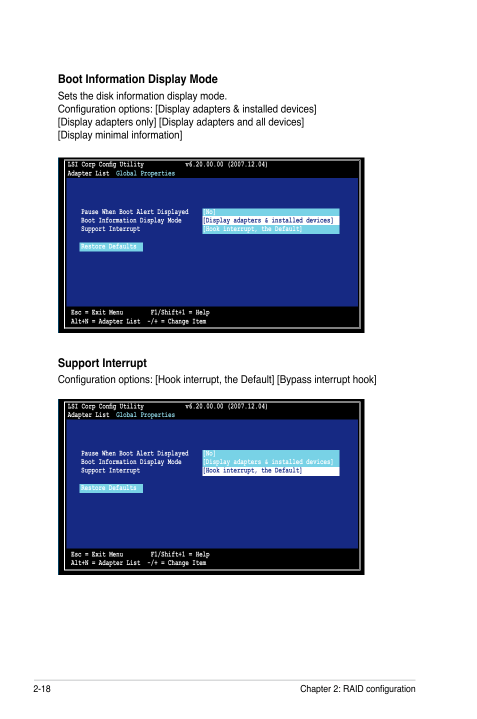 Boot information display mode, Support interrupt | Asus LSISAS1064E User Manual | Page 28 / 42