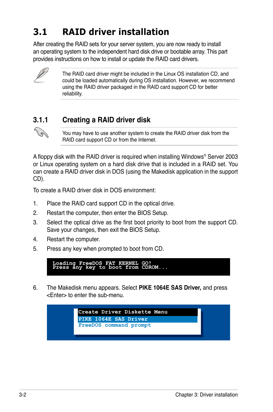 1 raid driver installation, 1 creating a raid driver disk, Raid driver installation -2 3.1.1 | Creating a raid driver disk -2 | Asus LSISAS1064E User Manual | Page 32 / 42