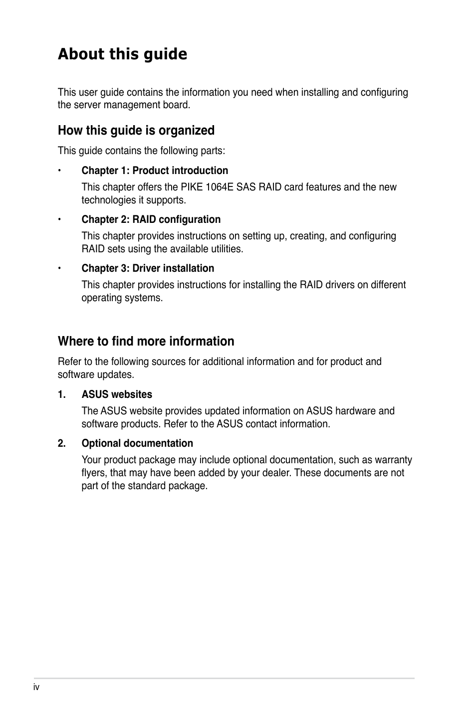 About this guide, How this guide is organized, Where to find more information | Asus LSISAS1064E User Manual | Page 4 / 42