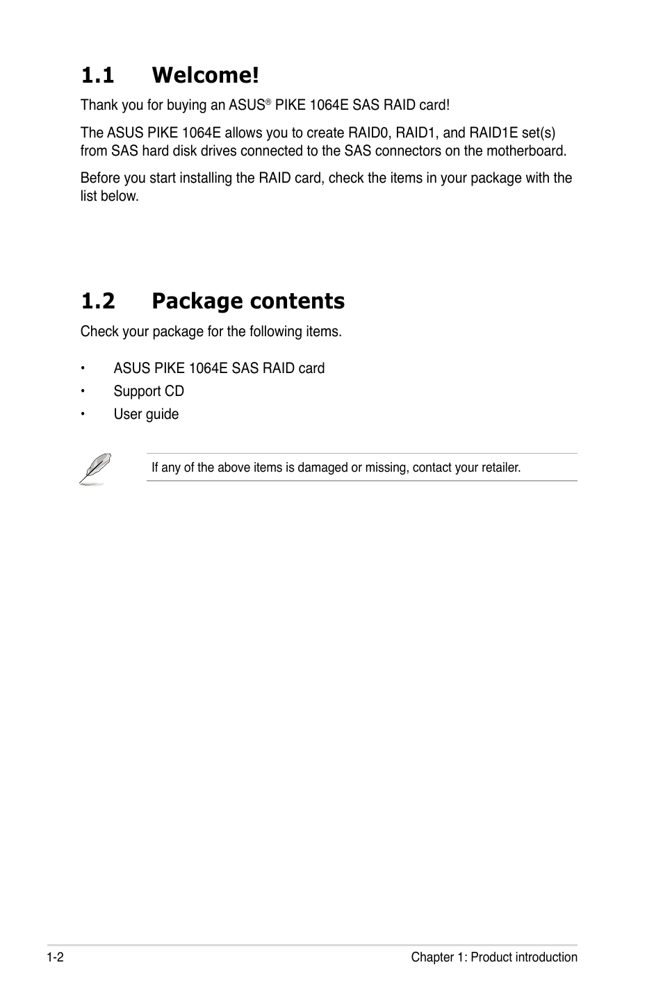 1 welcome, 2 package contents, Welcome! -2 | Package contents -2 | Asus LSISAS1064E User Manual | Page 8 / 42